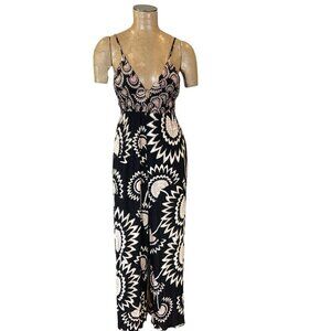 Angie BOHO Floral Wide Leg Jumpsuit Cutout Back Tie Sz M Black Multicolor 143S